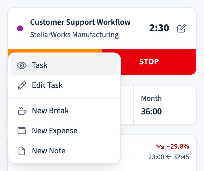 Timer quick actions menu for adding breaks, expenses, and notes