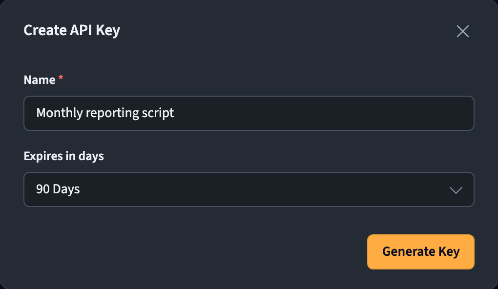 Create API key dialog with name and expiry