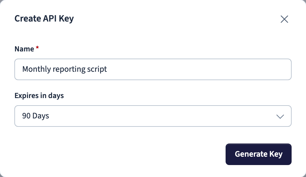 Create API key dialog with name and expiry
