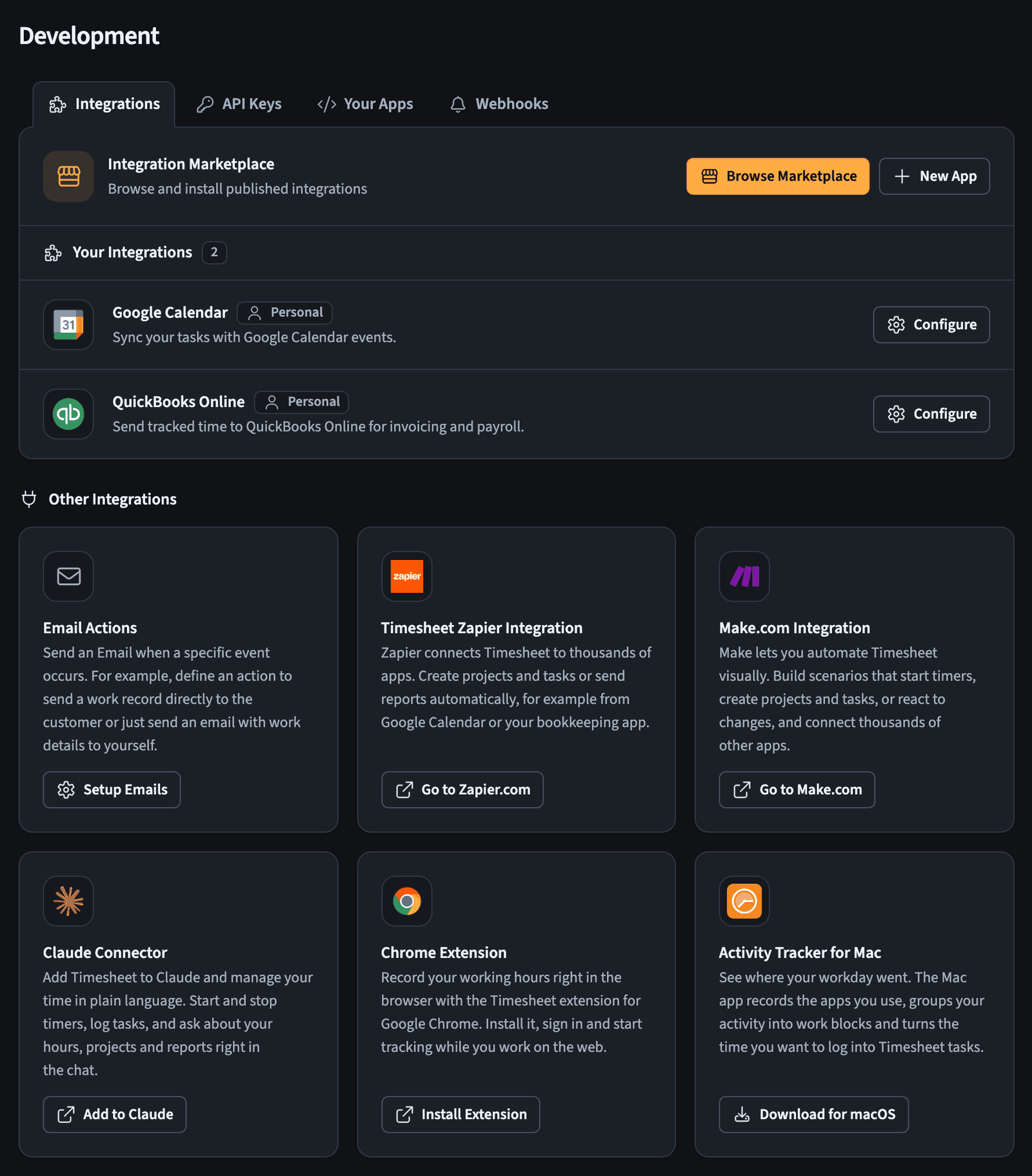 Integrations tab with the Integration Marketplace, two installed integrations, and other integrations