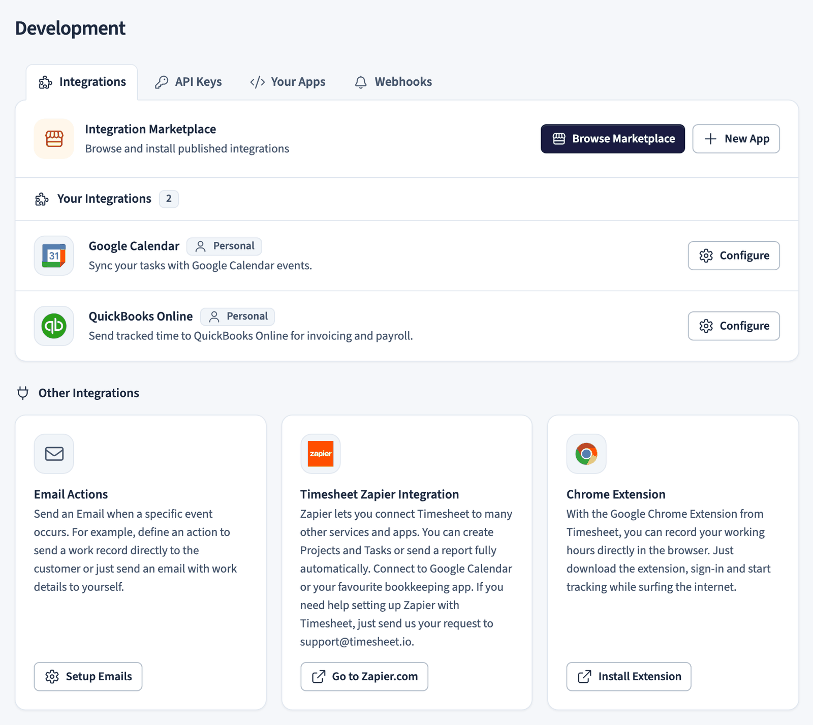 Integrations tab with the Integration Marketplace, two installed integrations, and other integrations
