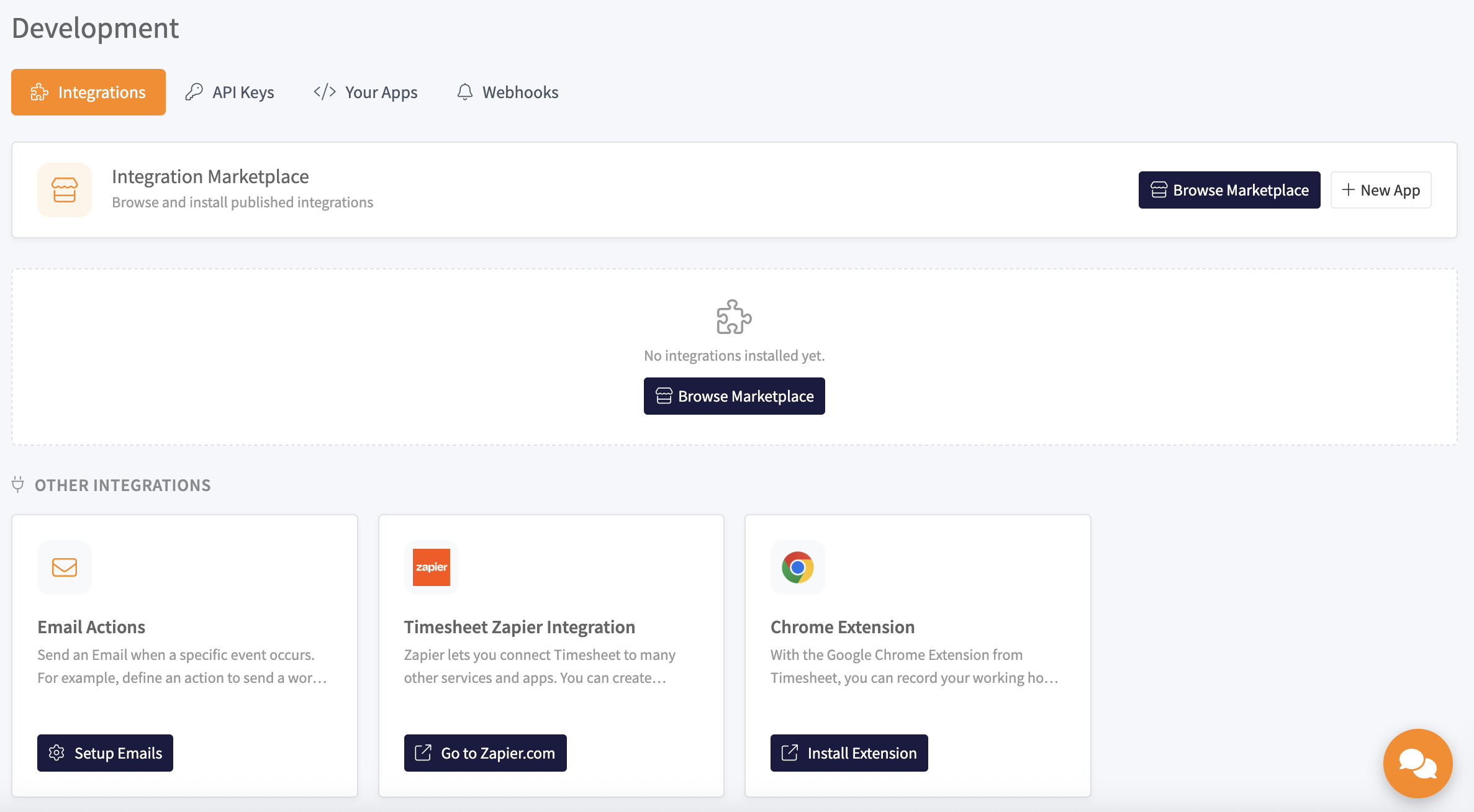 Integrations page showing the Integration Marketplace and other integrations