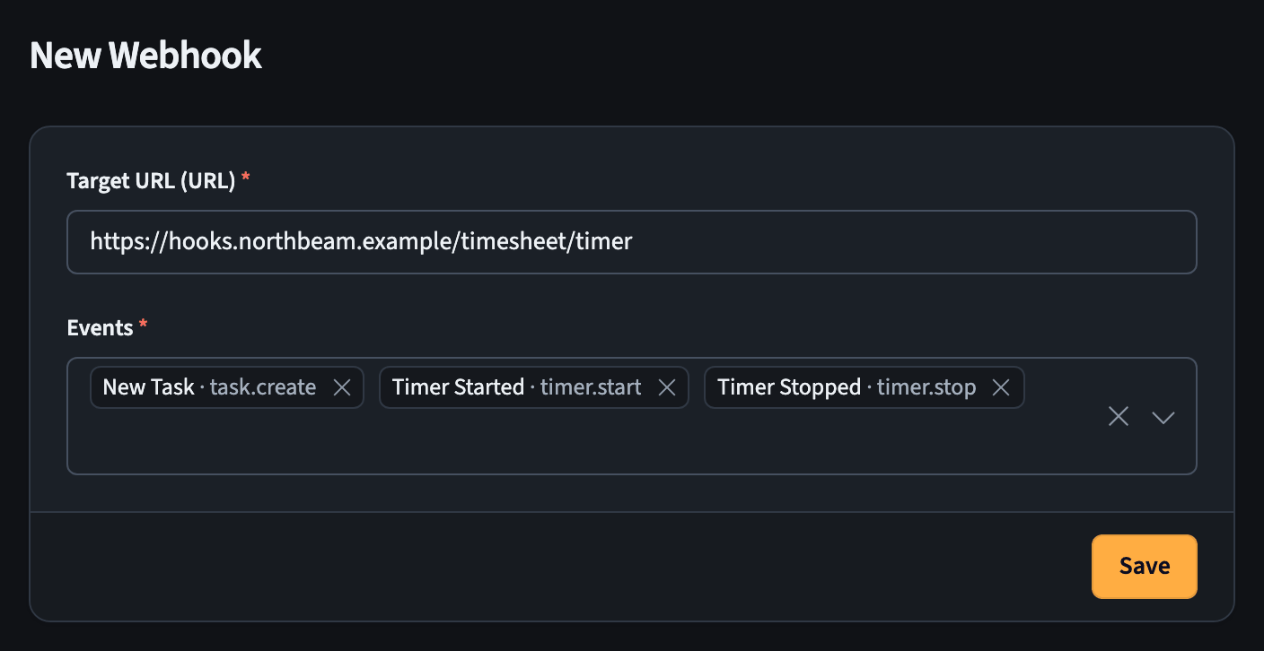 New webhook form with a target URL and selected events