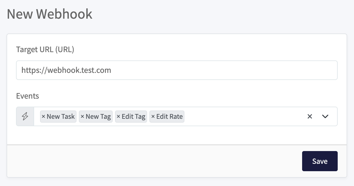 New webhook form with a target URL and selected events