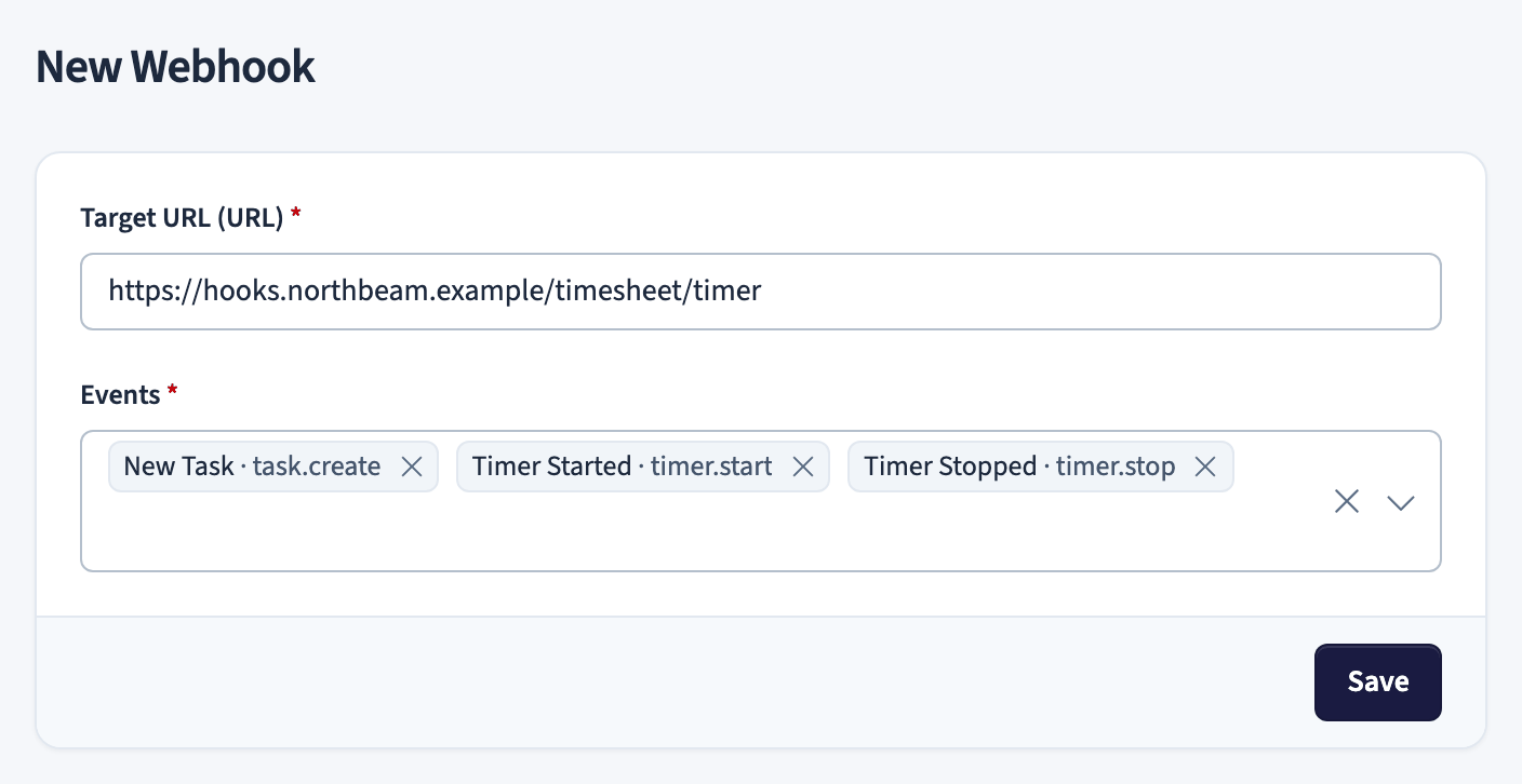 New webhook form with a target URL and selected events