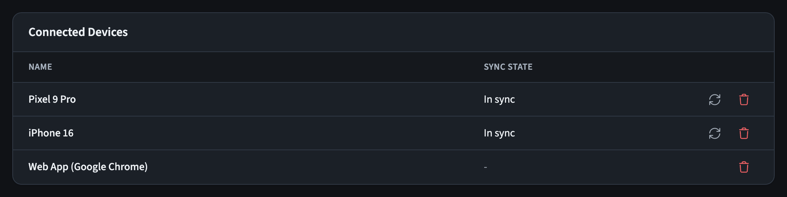 Connected devices list with the sync state and buttons to update or delete each device