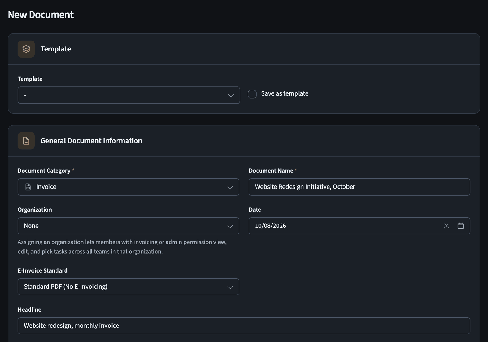 New Document form showing the template and general information sections