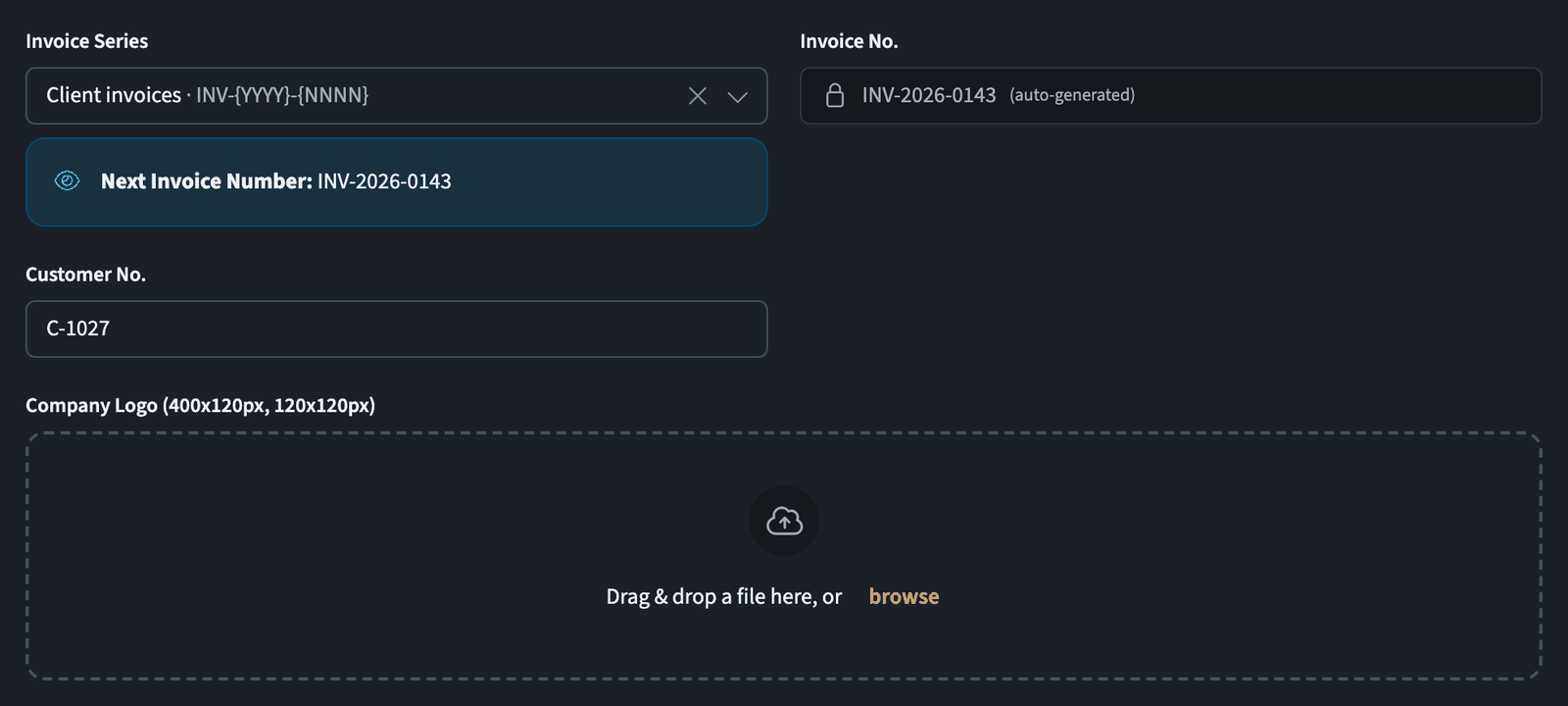 New Document form showing invoice series, numbers, customer reference, and logo upload