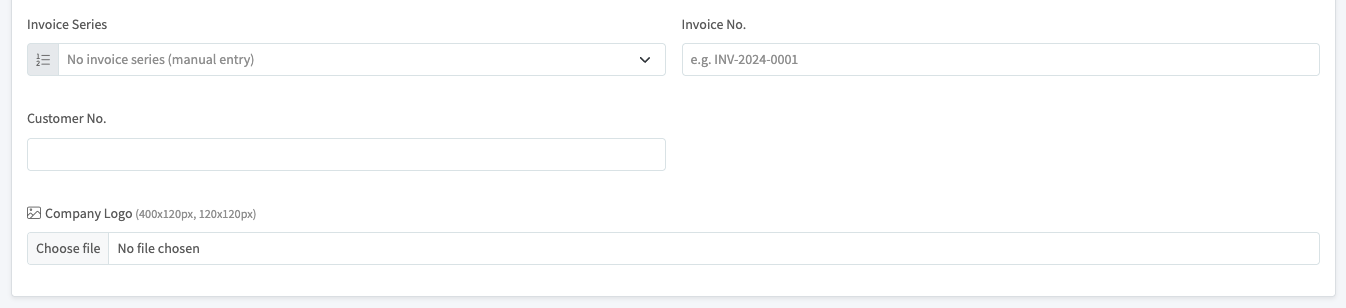 New Document form showing invoice series, numbers, customer reference, and logo upload