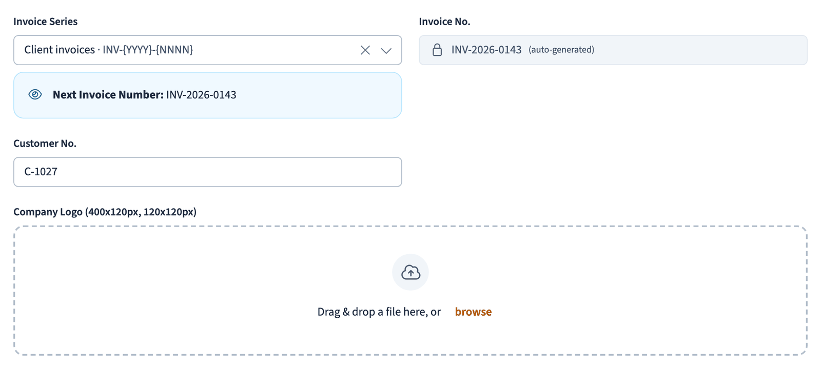New Document form showing invoice series, numbers, customer reference, and logo upload
