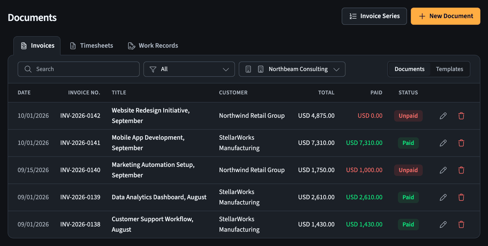 Documents list with Invoices, Timesheets, and Work Records tabs