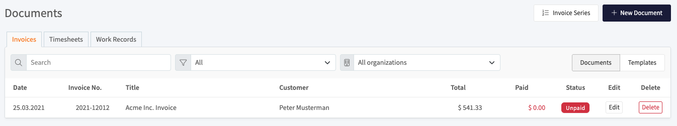 Documents list with Invoices, Timesheets, and Work Records tabs