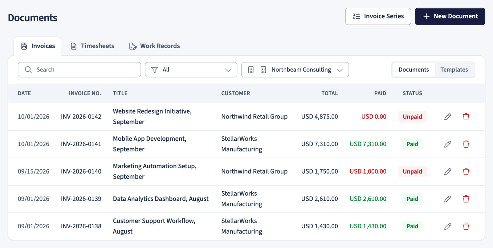 Documents list with Invoices, Timesheets, and Work Records tabs