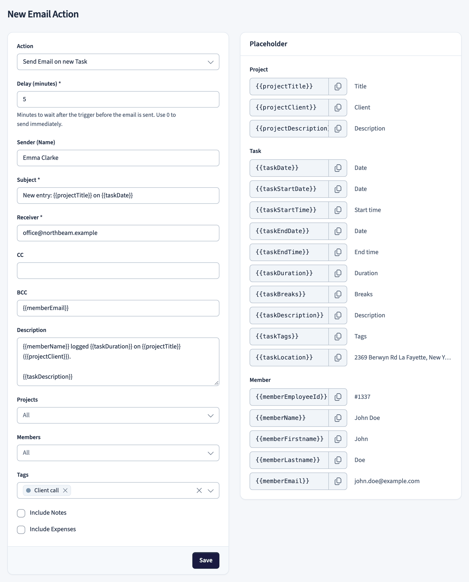 New email action form with fields and a placeholder reference
