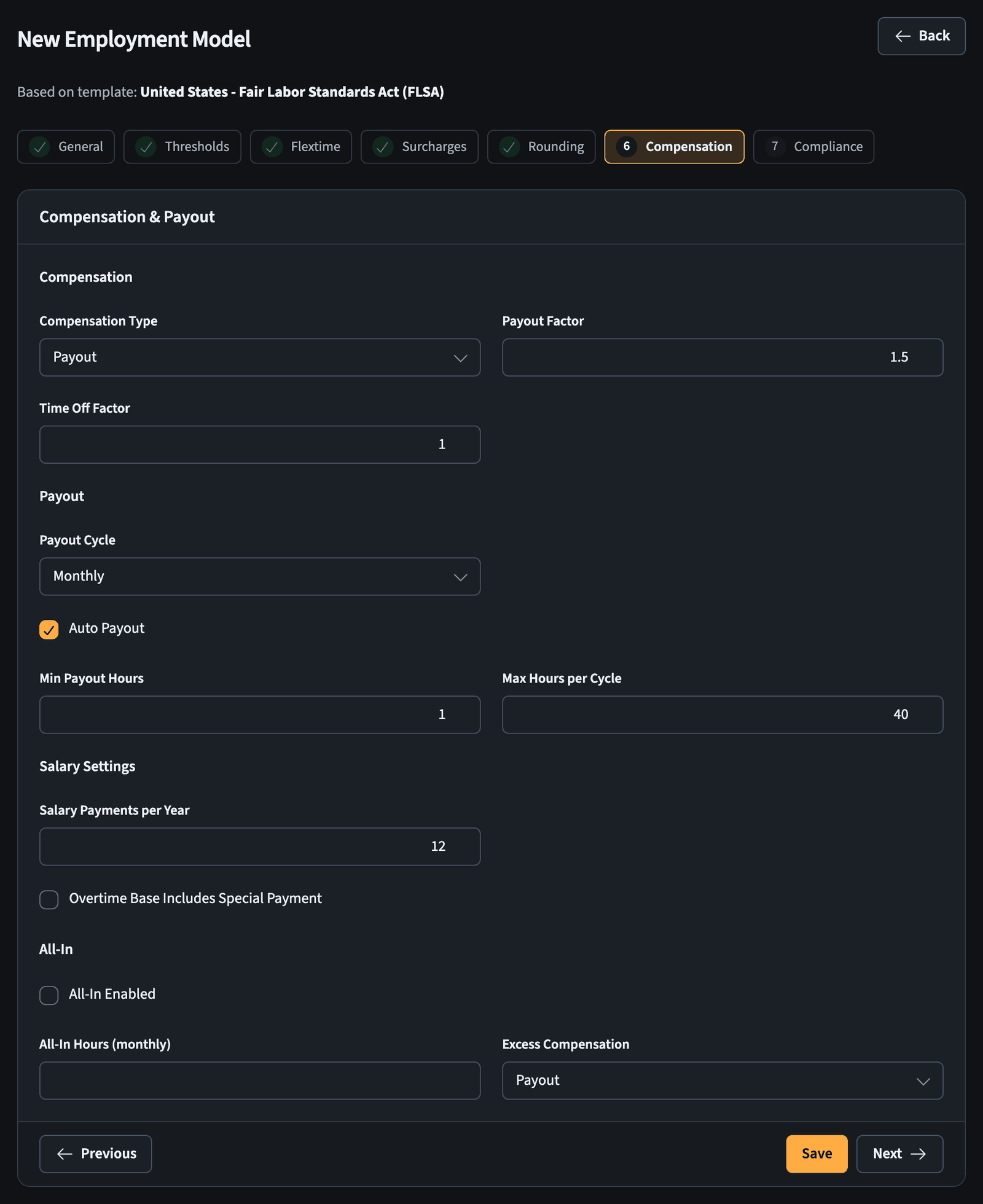 Employment model wizard, compensation step with salary and overtime payout settings