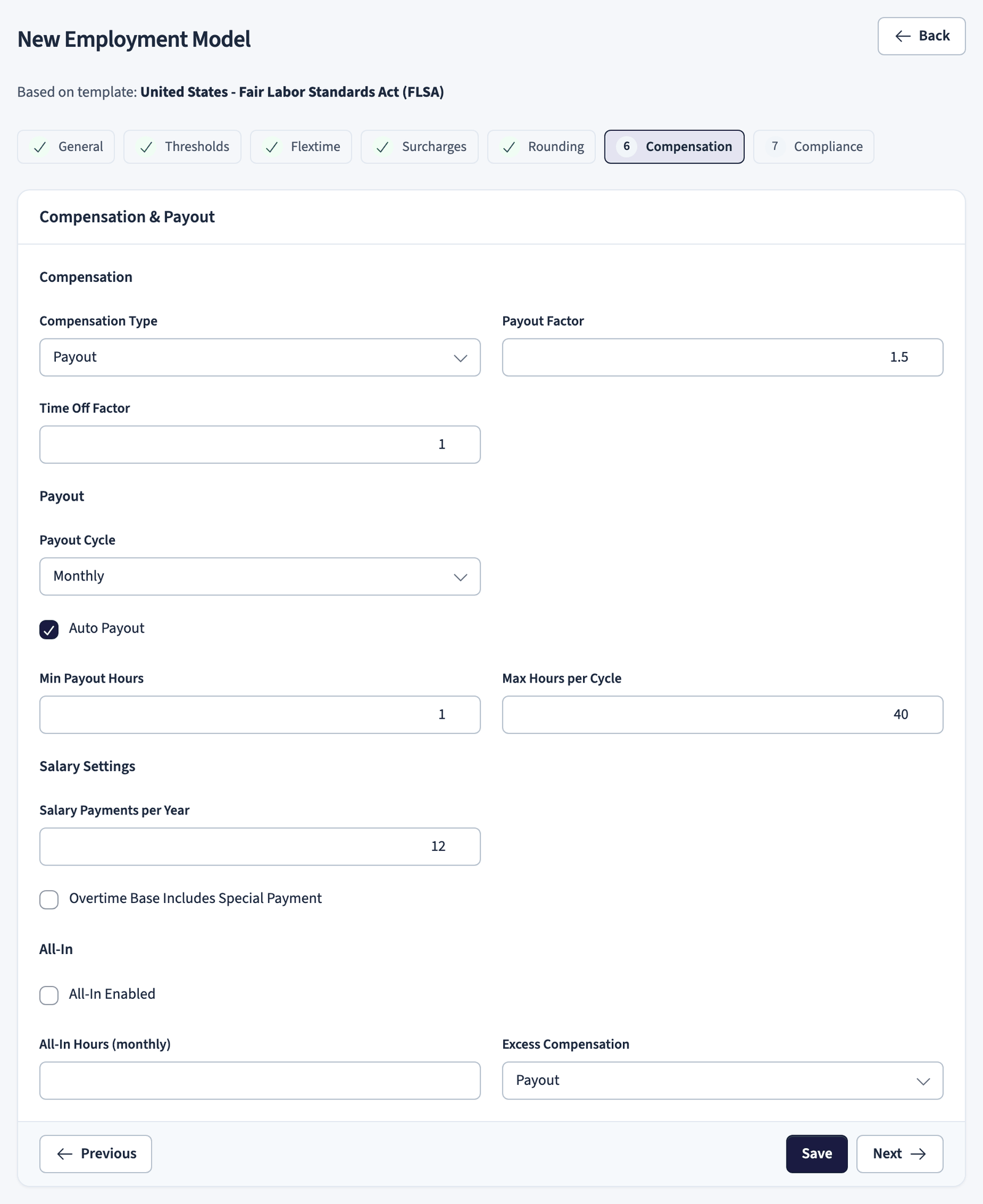 Employment model wizard, compensation step with salary and overtime payout settings