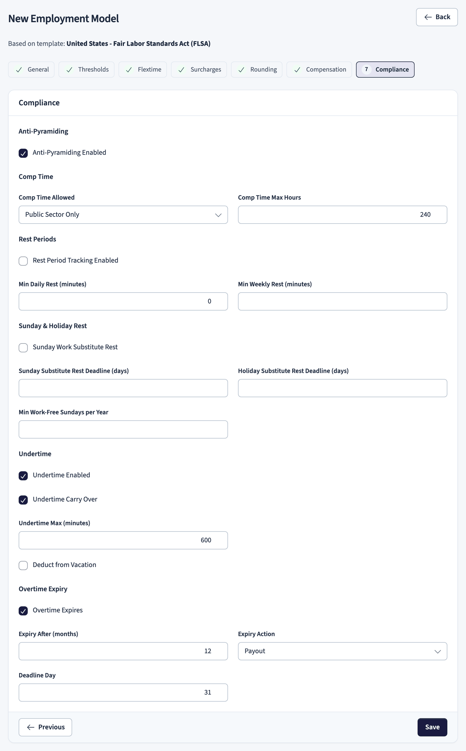Employment model wizard, compliance step with rest periods and overtime expiry rules