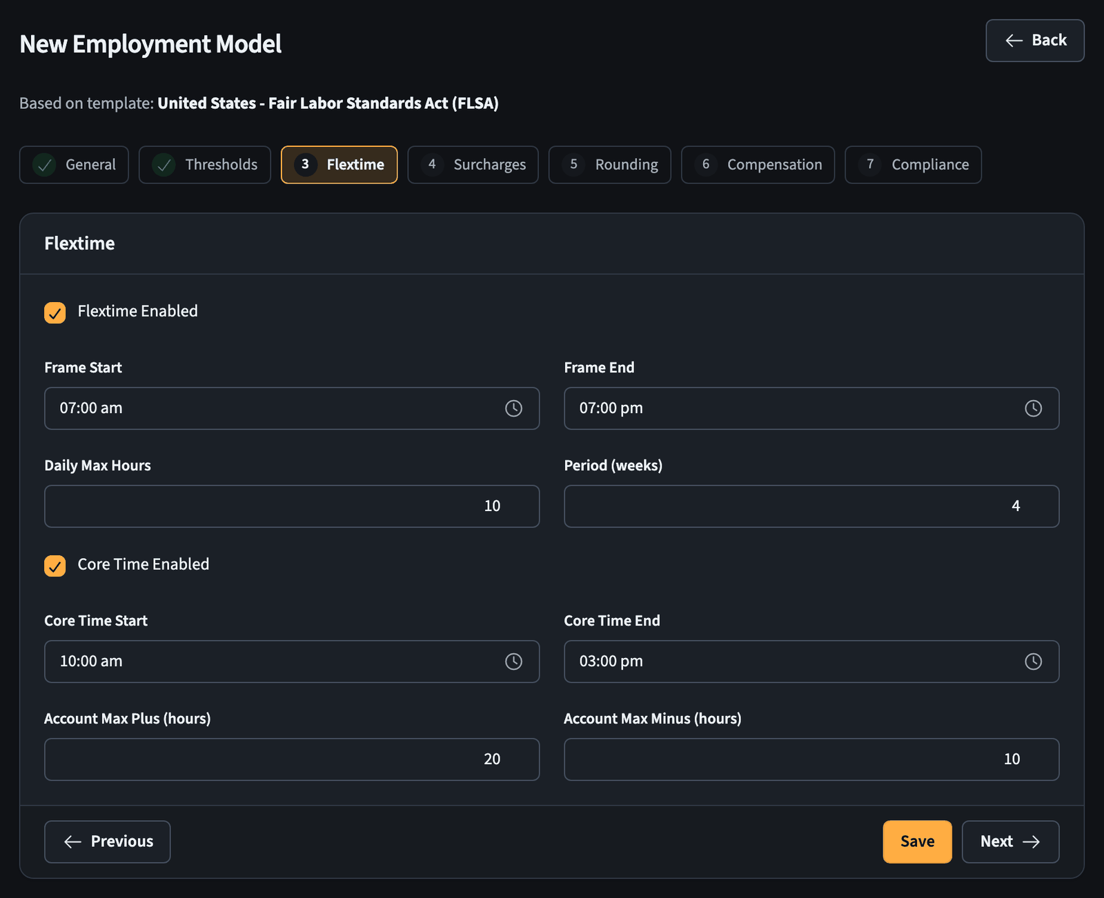 Employment model wizard, flextime step with carry-over and core hours settings