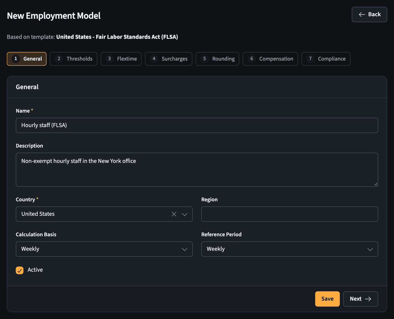 Employment model wizard, general step with name, description, country, calculation basis, and reference period