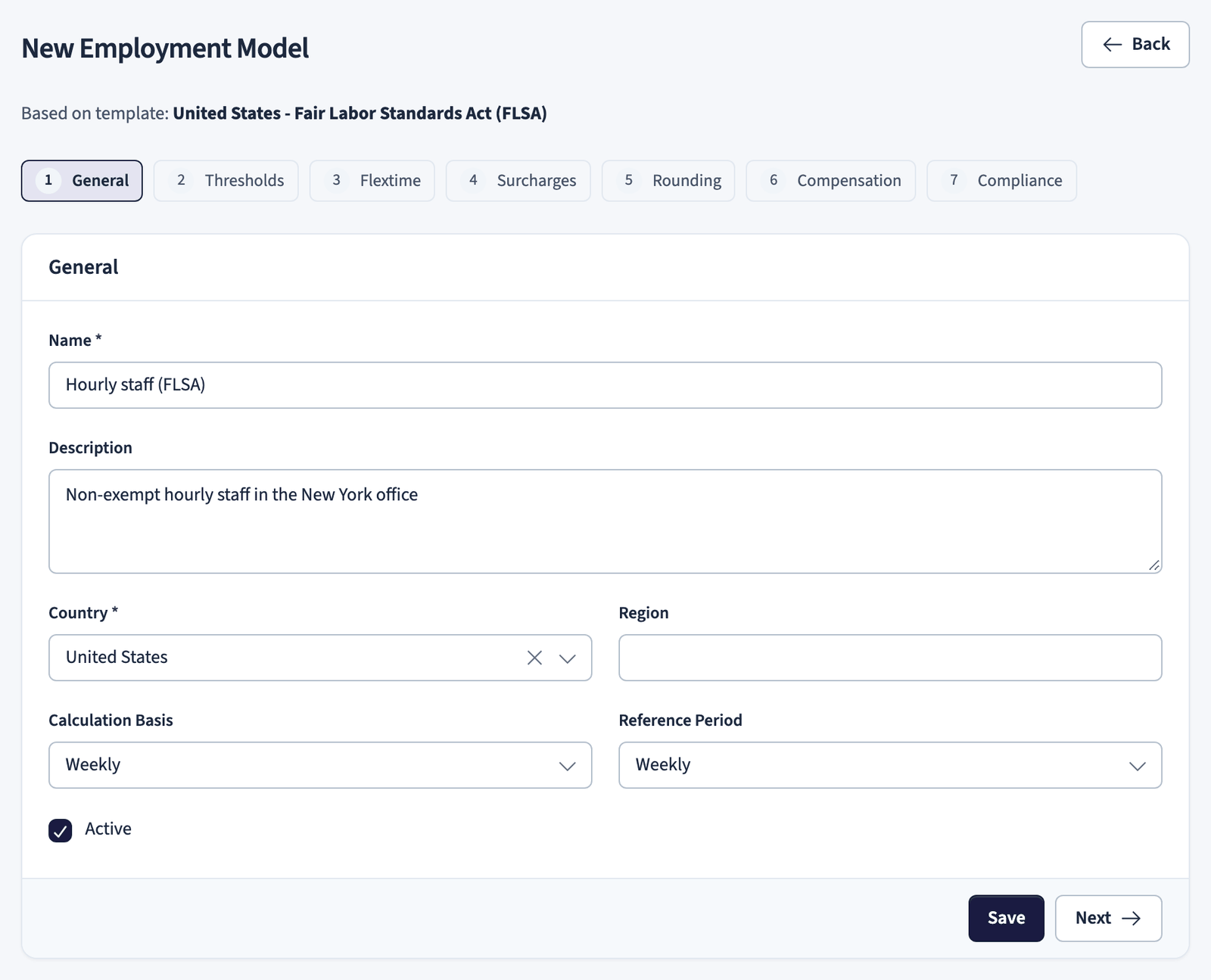 Employment model wizard, general step with name, description, country, calculation basis, and reference period