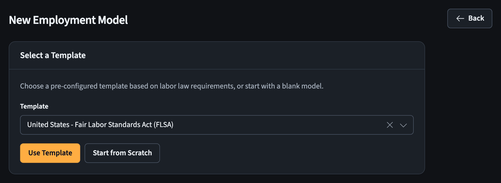 New employment model template selection