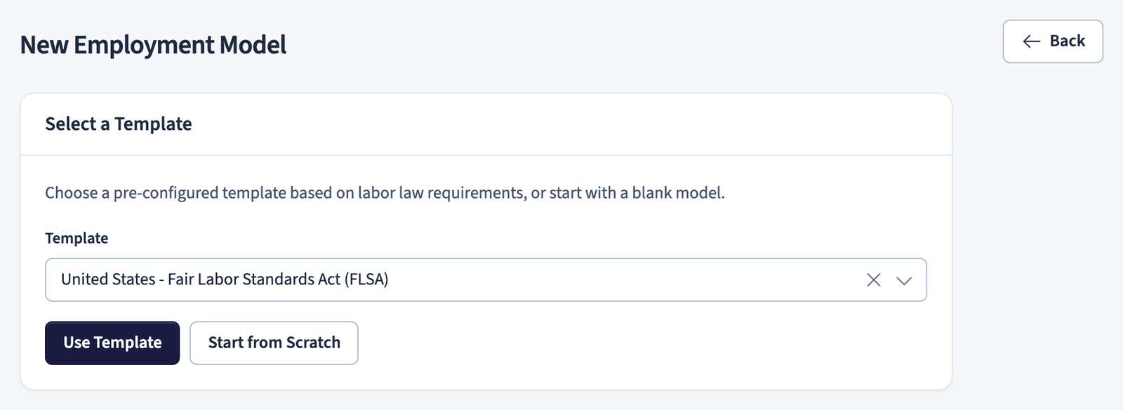 New employment model template selection