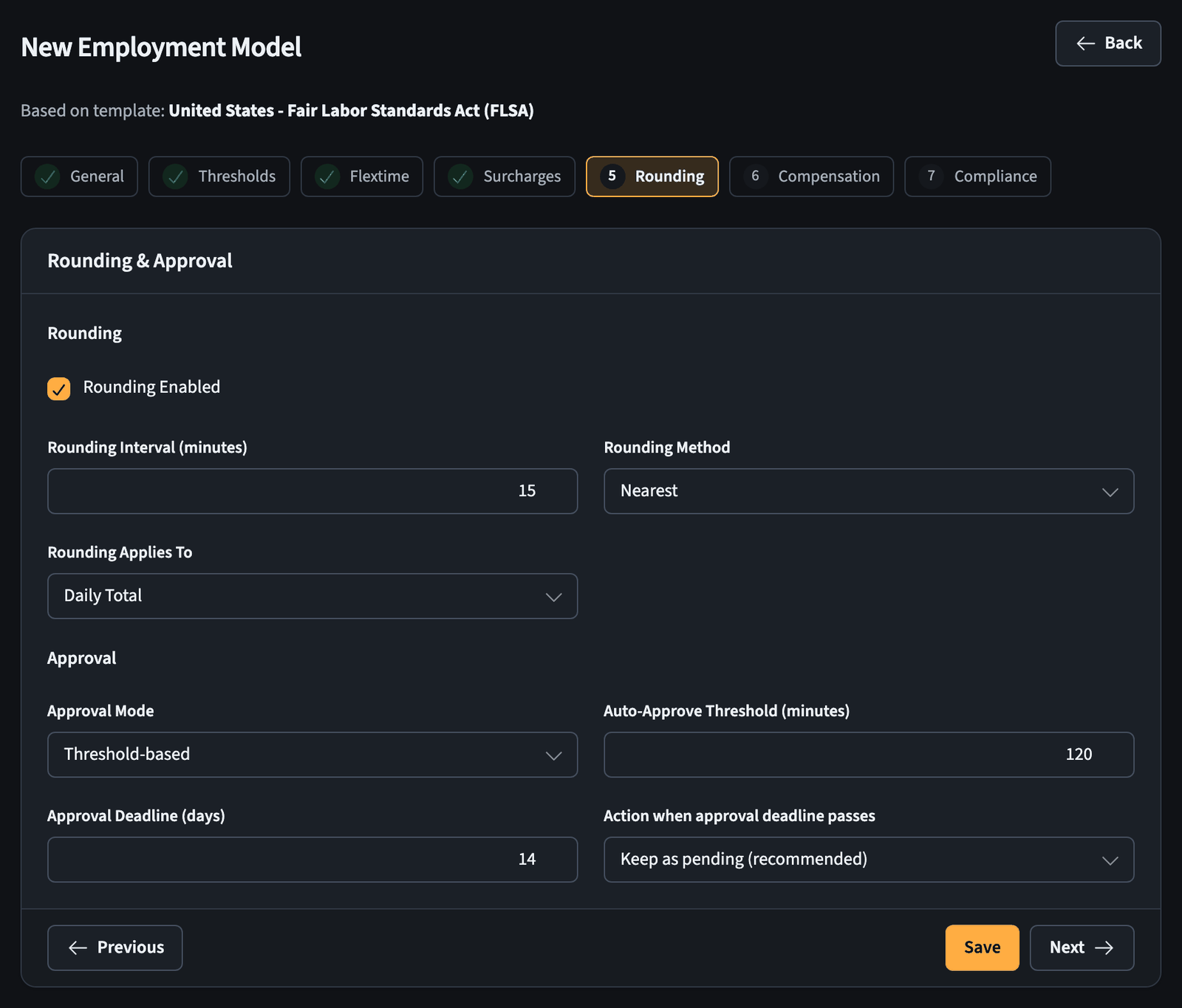 Employment model wizard, rounding and approval step for timesheet sign-off