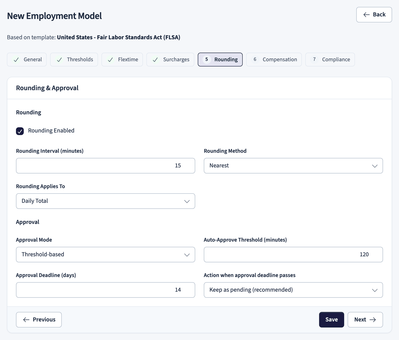 Employment model wizard, rounding and approval step for timesheet sign-off