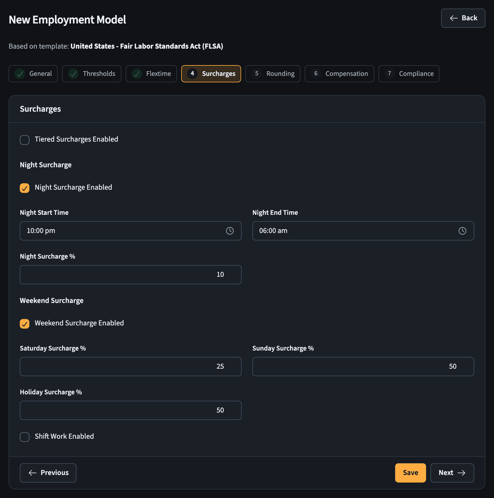 Employment model wizard, surcharges step with night, Sunday, and holiday rates