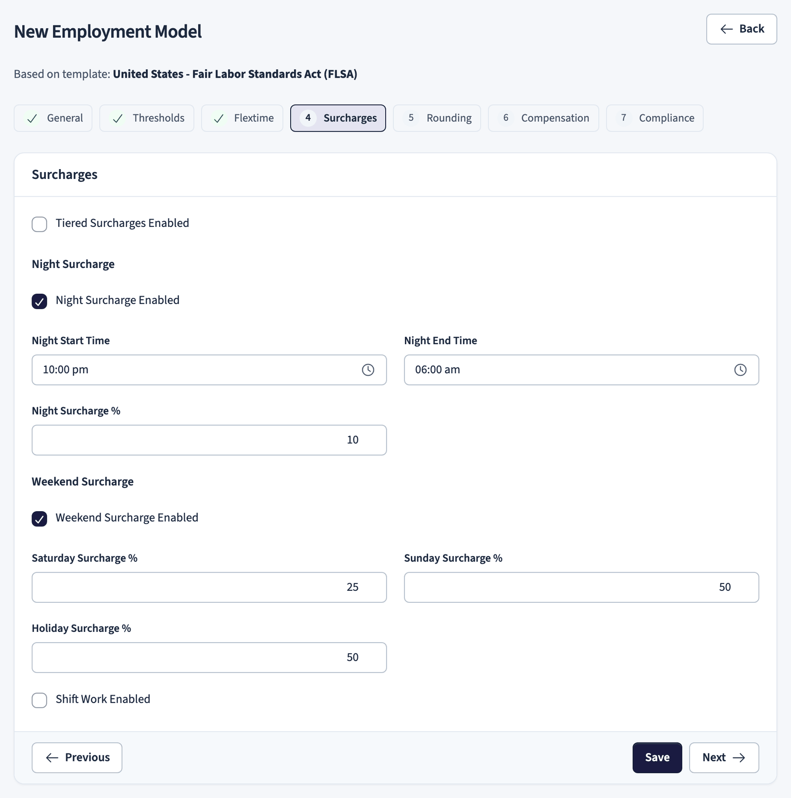Employment model wizard, surcharges step with night, Sunday, and holiday rates