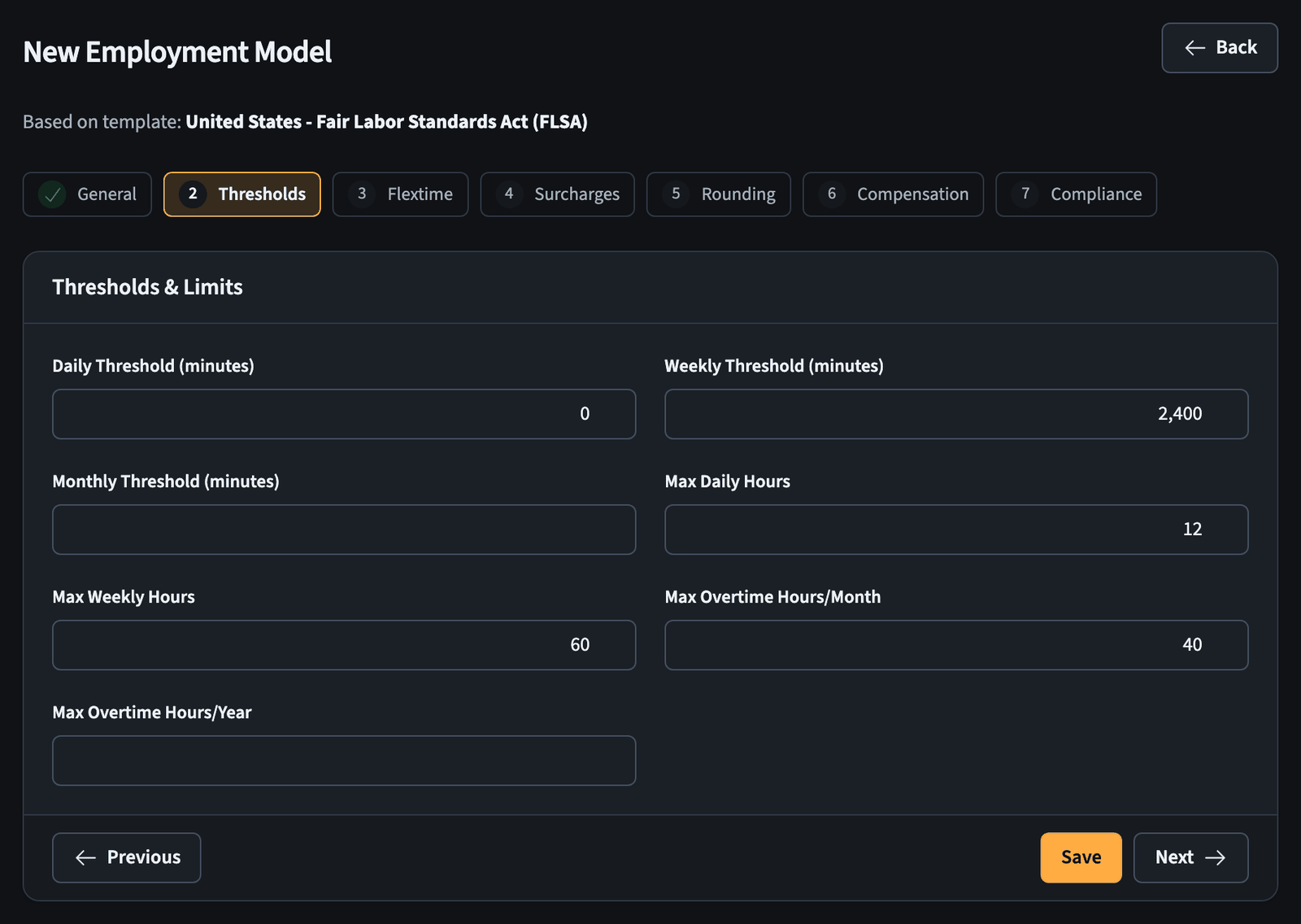 Employment model wizard, thresholds step with daily and weekly overtime limits