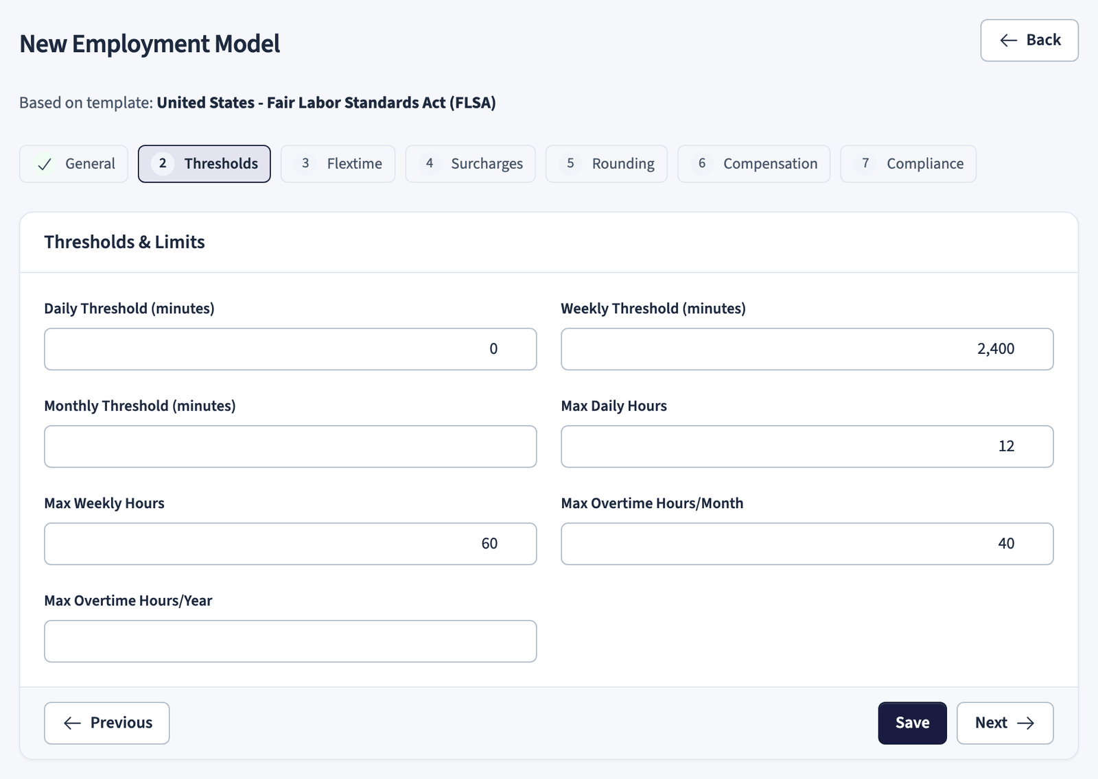 Employment model wizard, thresholds step with daily and weekly overtime limits