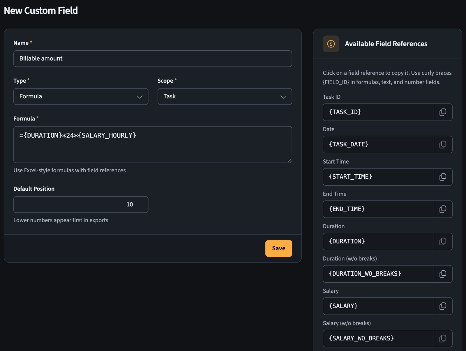 New custom field form with the field settings on the left and the available field references on the right