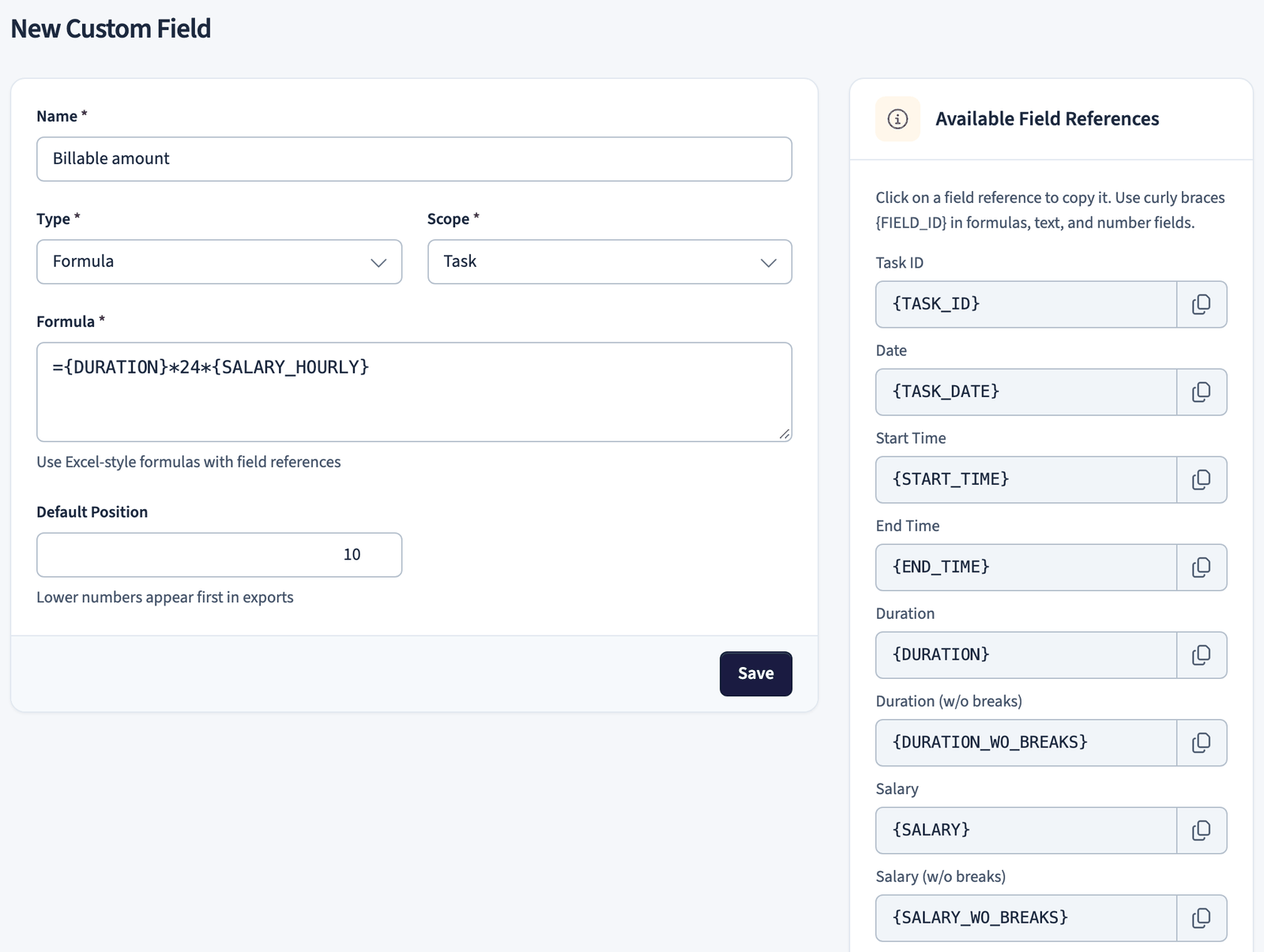 New custom field form with the field settings on the left and the available field references on the right