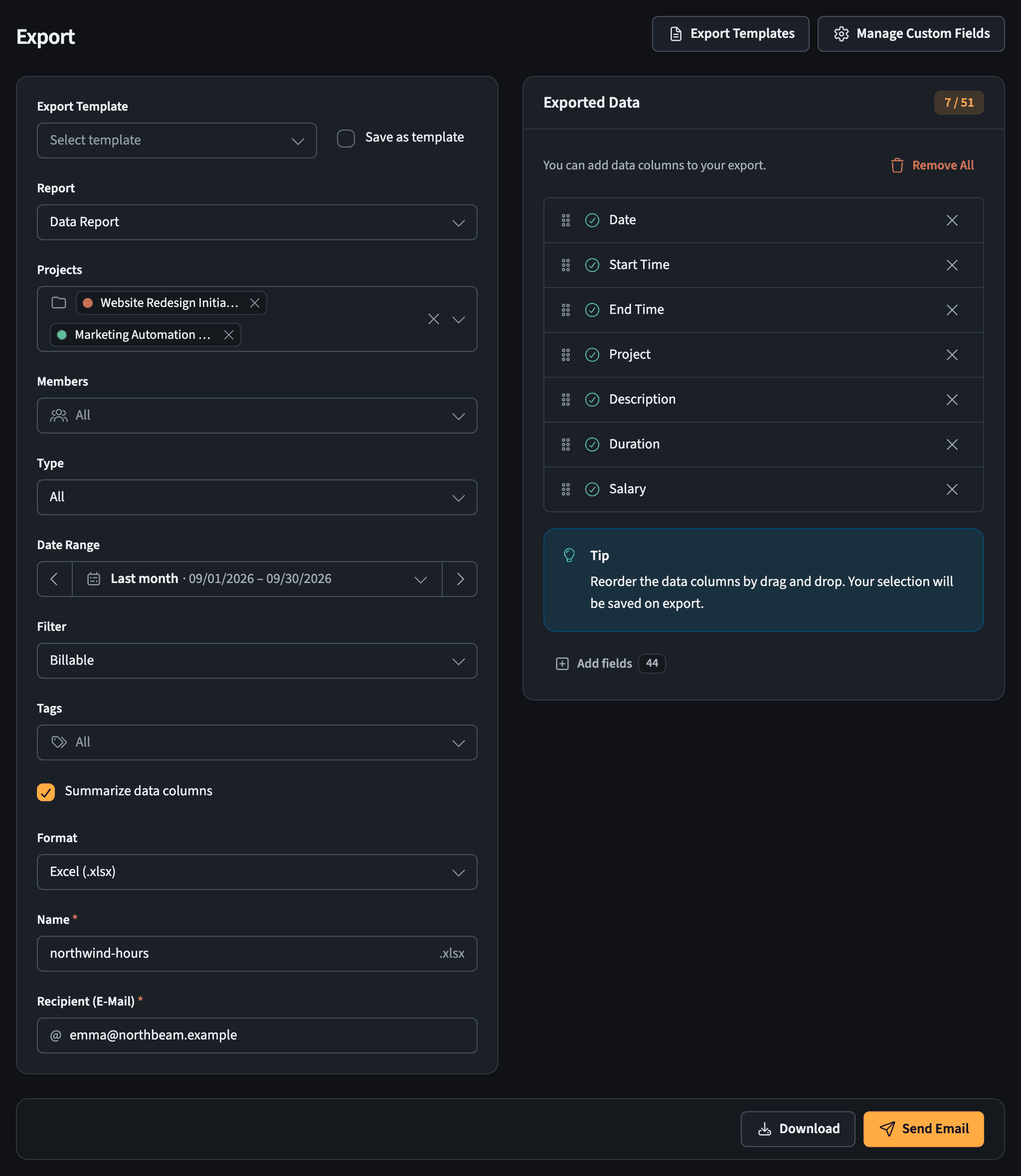 Export screen with filters on the left and the selected fields on the right