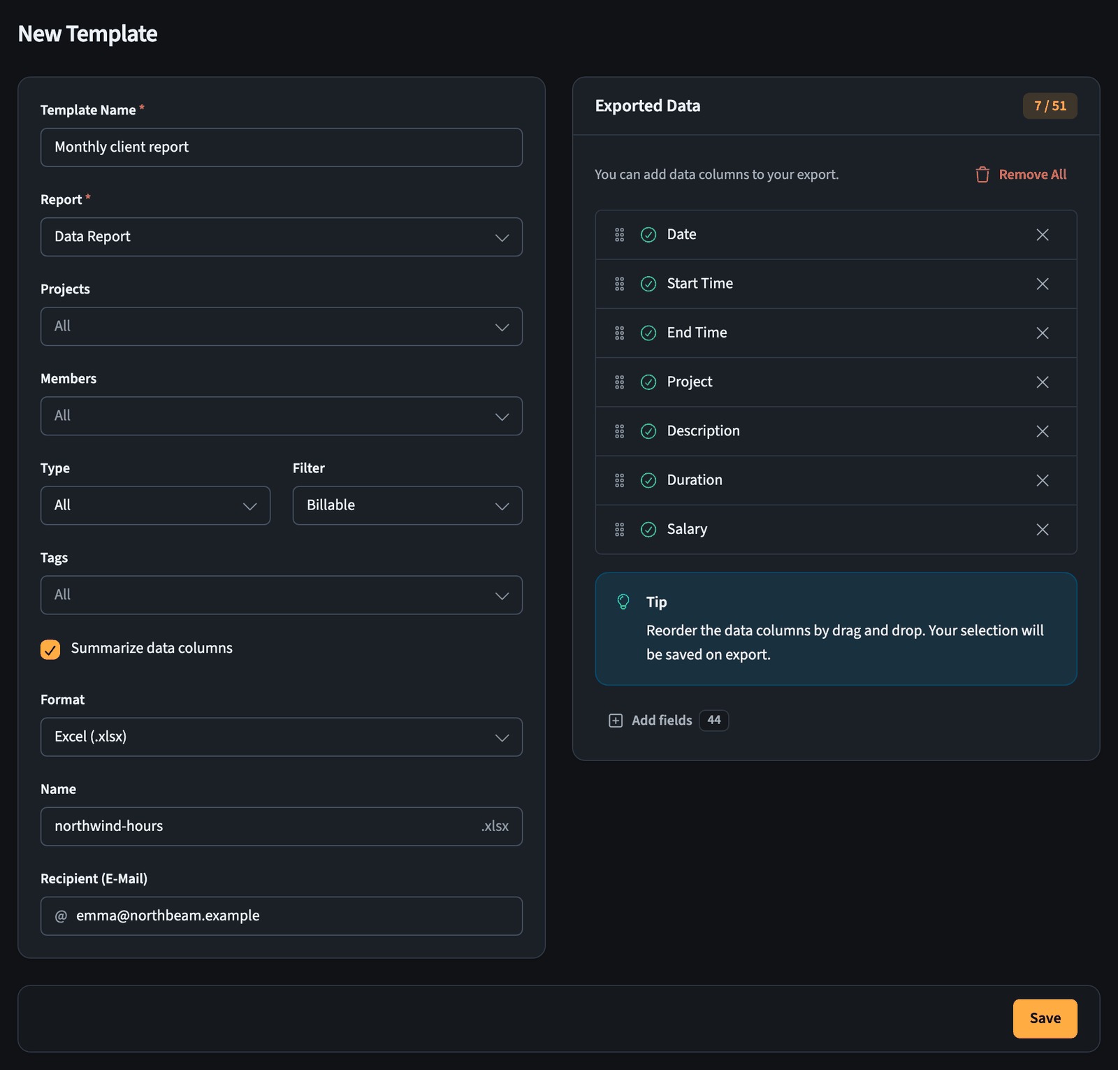 New template form with template settings on the left and the selected fields on the right