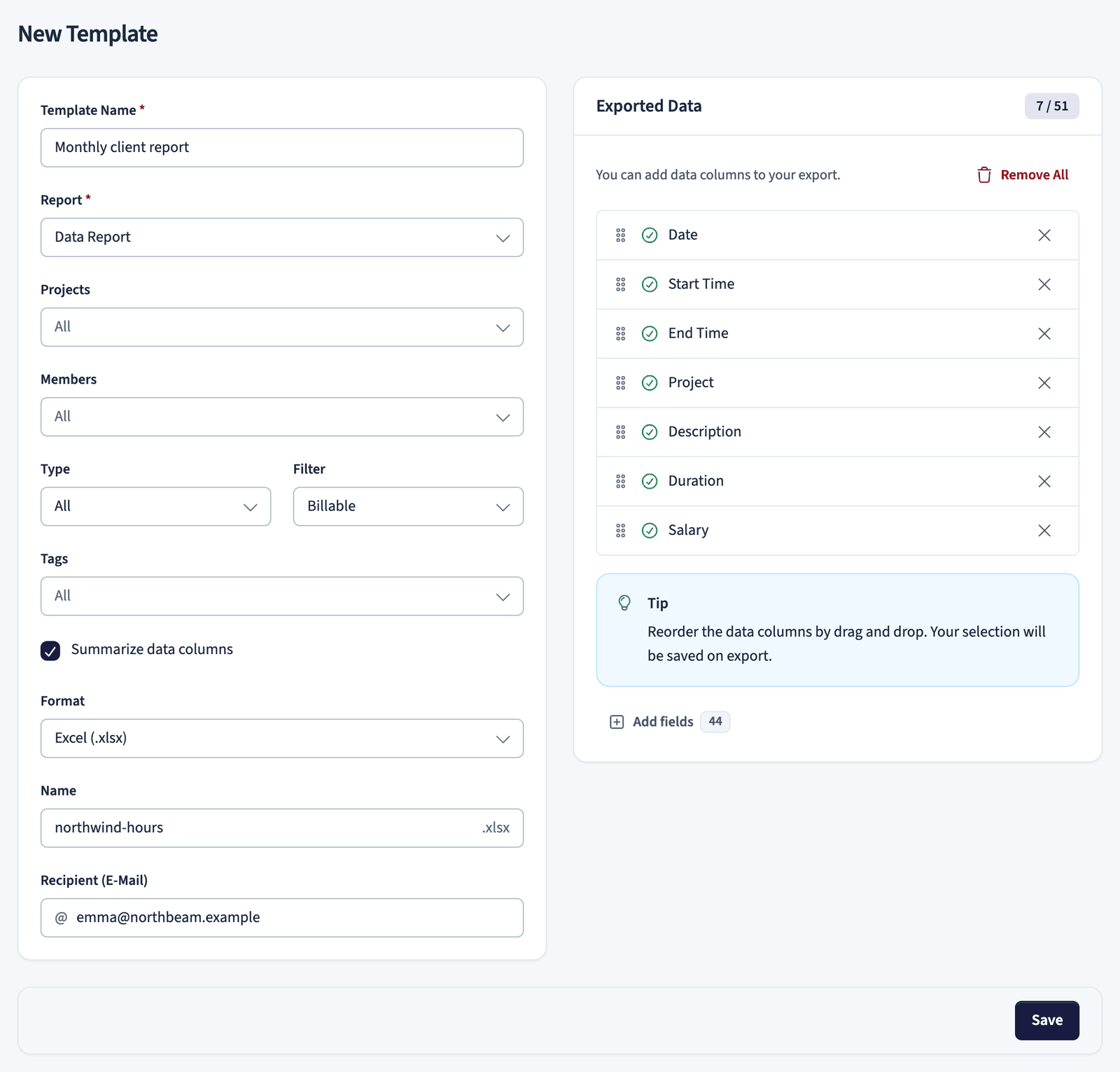 New template form with template settings on the left and the selected fields on the right