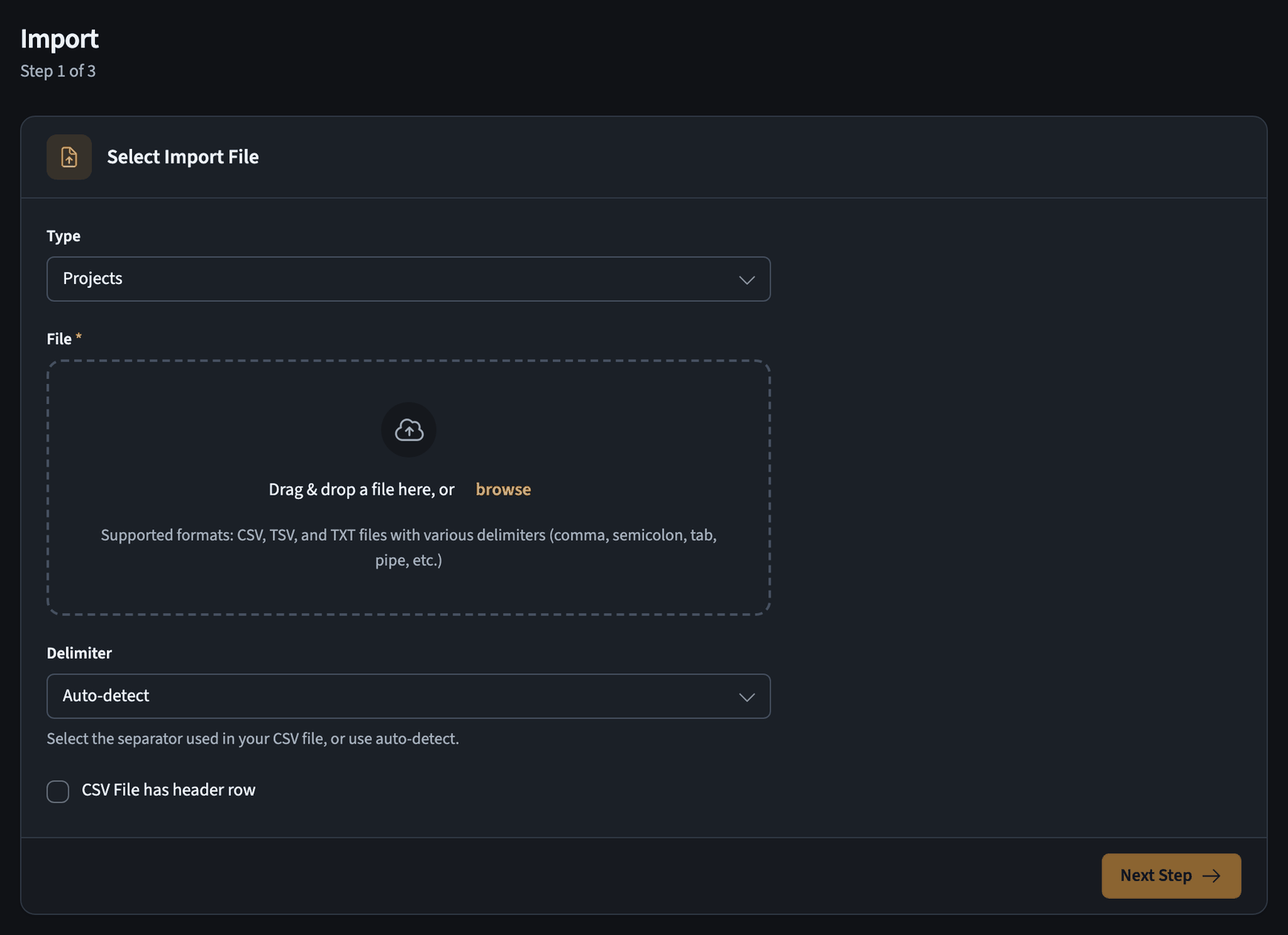 Import page with type, file, and delimiter options