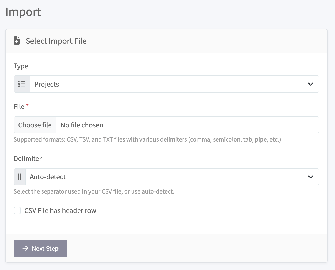 Import page with type, file, and delimiter options