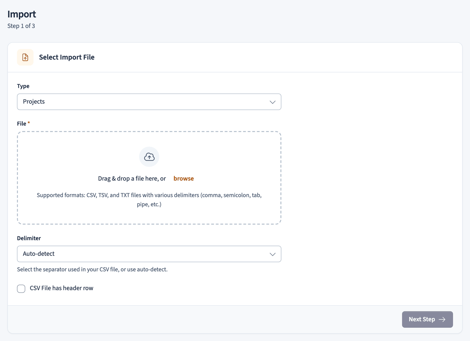 Import page with type, file, and delimiter options