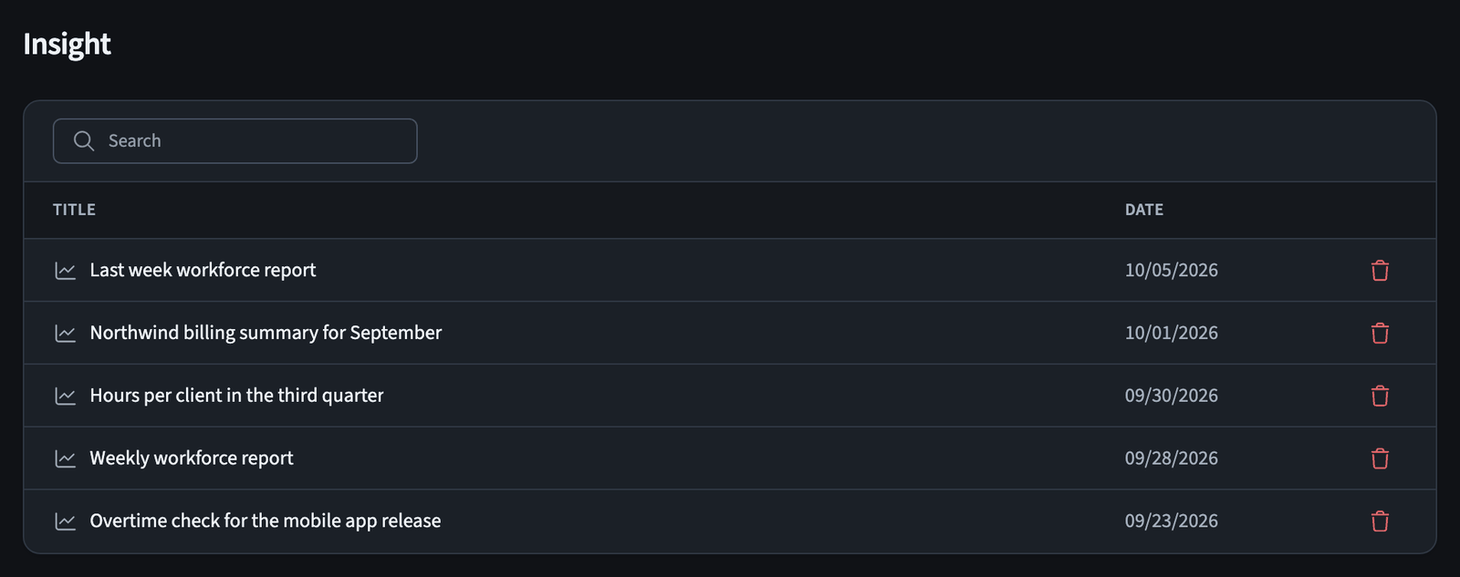 Insights report list in the web app with saved reports and their dates