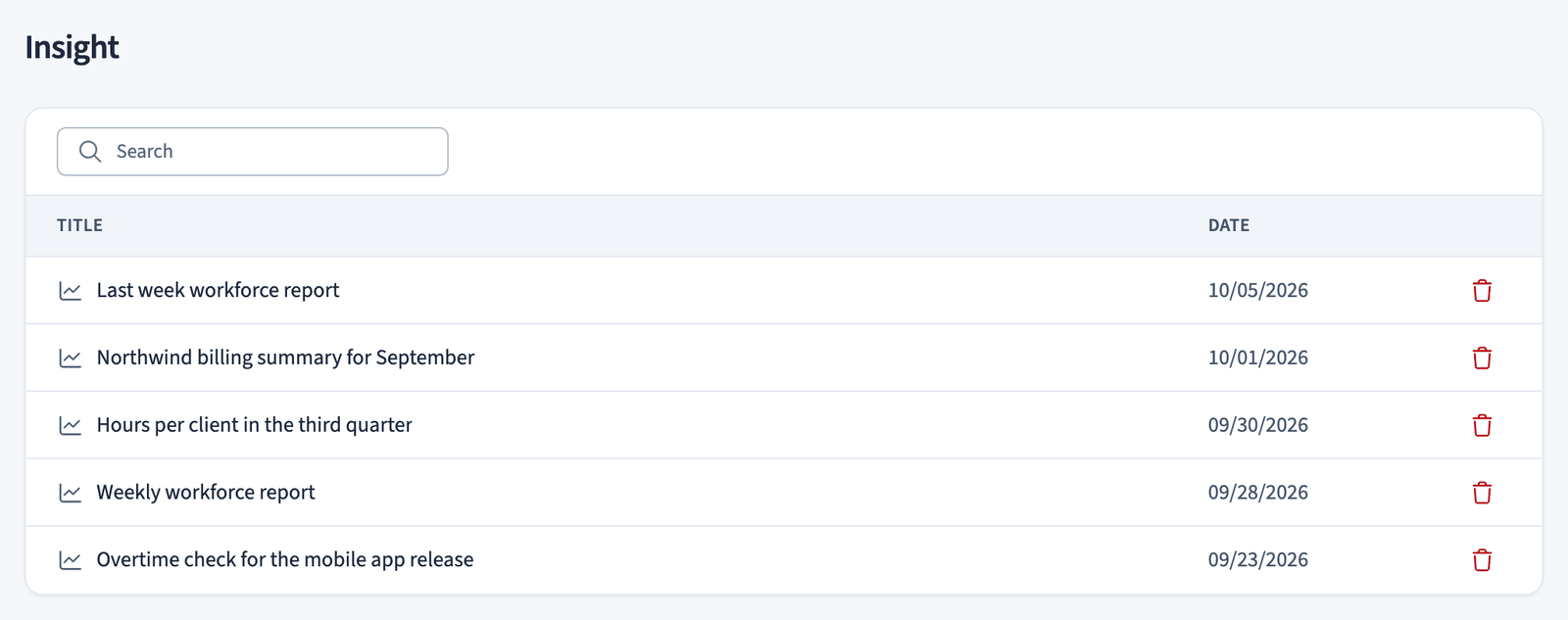Insights report list in the web app with saved reports and their dates