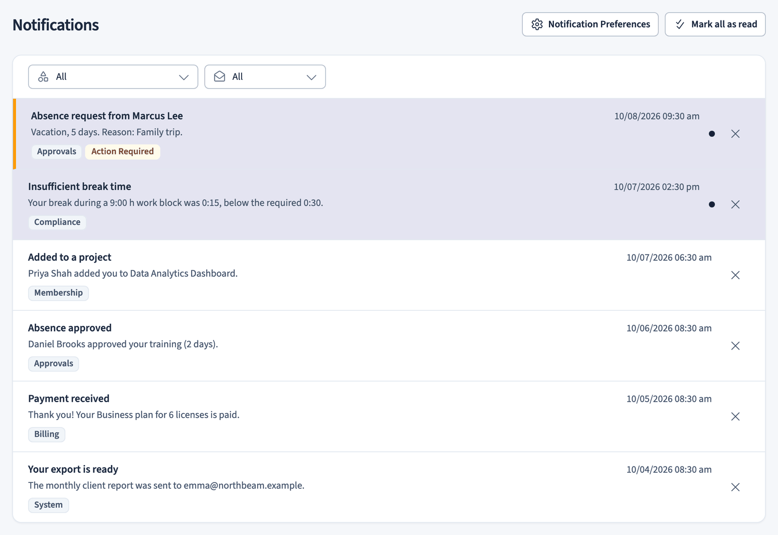 Notification list with an absence request that needs action and alerts about compliance, projects, billing, and exports