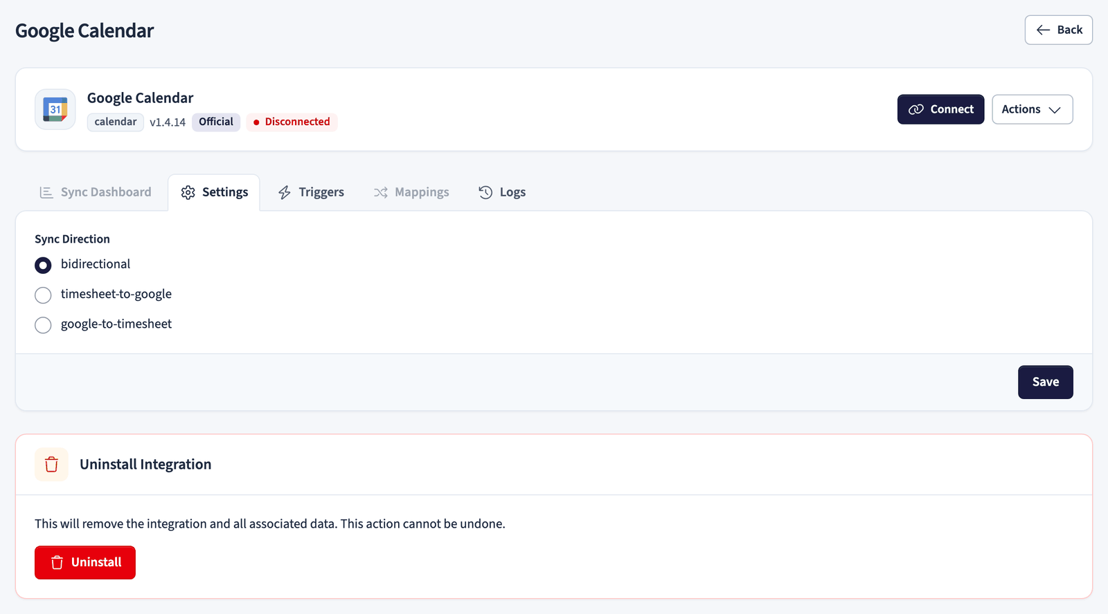 Google Calendar integration settings with sync direction and tabs