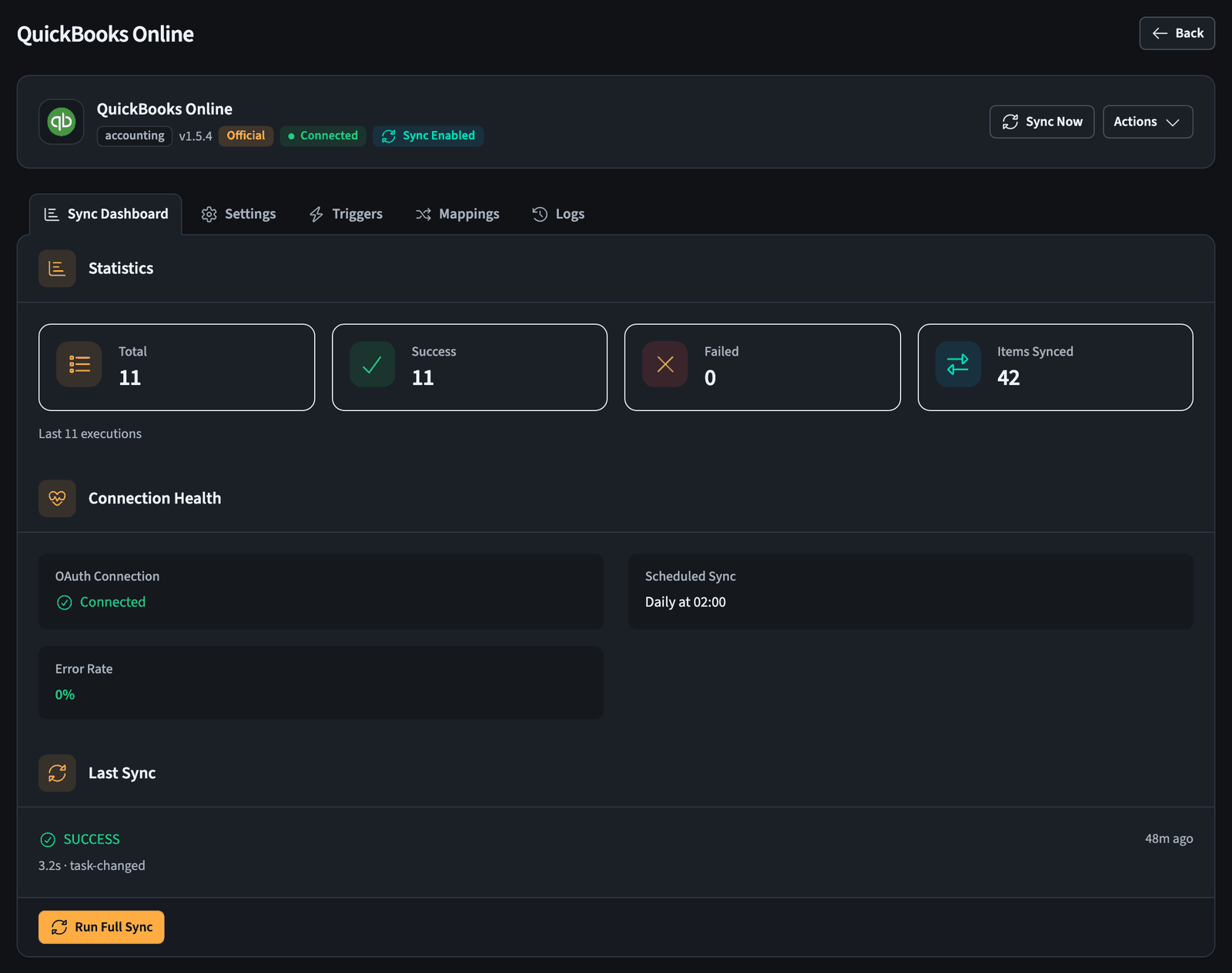 QuickBooks integration with its sync dashboard