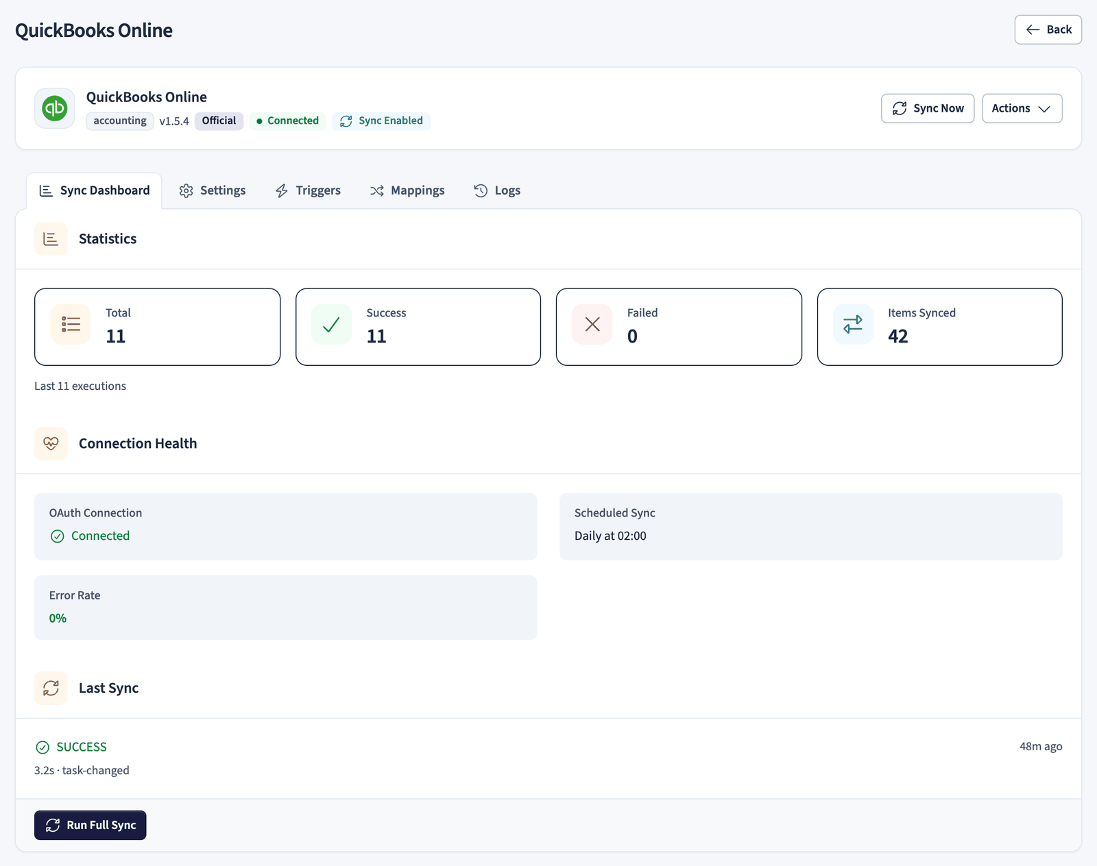 QuickBooks integration with its sync dashboard
