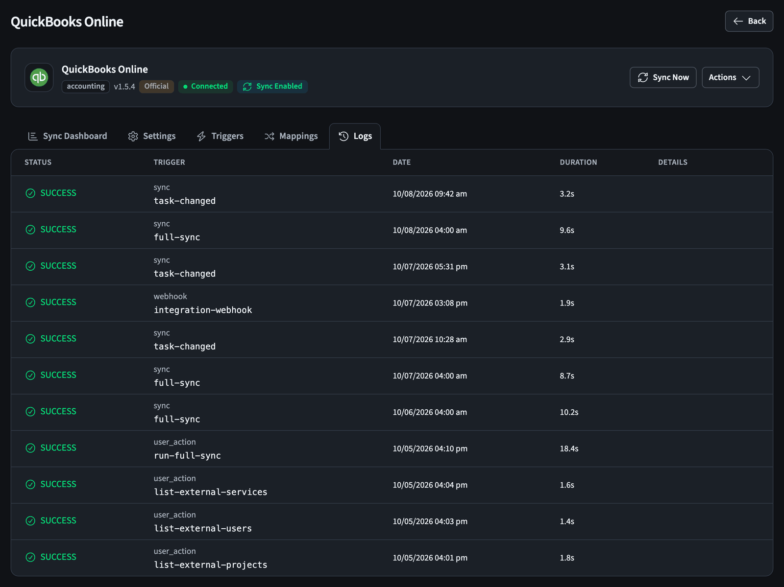 QuickBooks sync log listing each run with its status, trigger, date, and duration