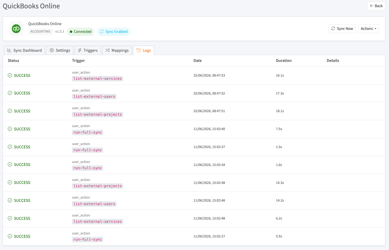 QuickBooks sync logs