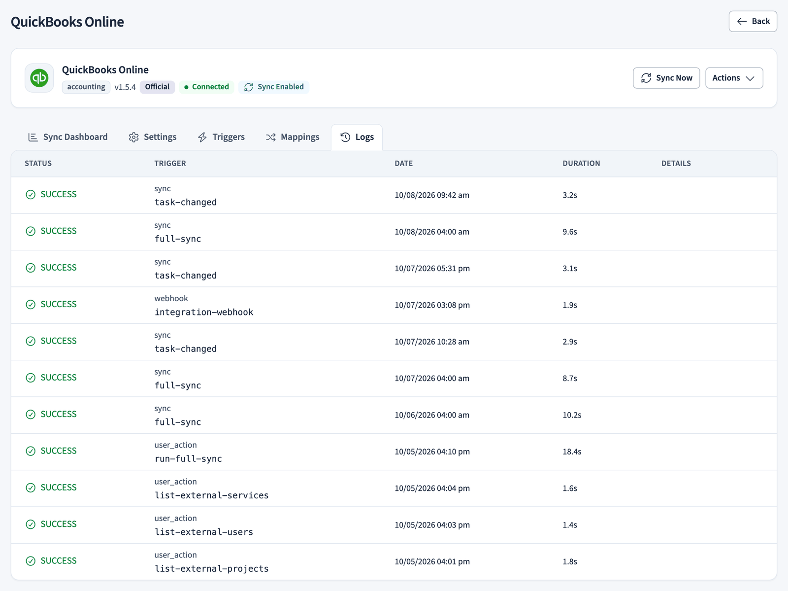 QuickBooks sync log listing each run with its status, trigger, date, and duration
