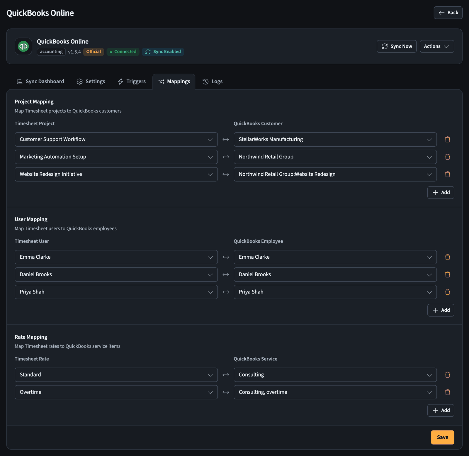 Mapping Timesheet projects, users, and rates to QuickBooks
